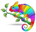 Stained glass illustration with an abstract chameleon on a branch, an animal isolated on a white background Royalty Free Stock Photo