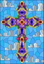 Stained glass illustration with an abstract Christian cross on a background of blue sky and clouds