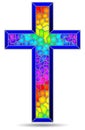 Stained glass illustration with an abstract Christian cross, a figure isolated on a white background