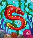 Stained glass illustration with abstract colorful exotic red fish amid seaweed, coral and shells Royalty Free Stock Photo