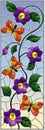 Stained glass illustration with abstract curly purple flower and an orange butterfly on sky background , vertical image