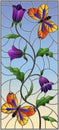 Stained glass illustration with abstract curly purple flower and an orange butterfly on sky background , vertical image Royalty Free Stock Photo