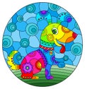 Stained glass illustration with abstract cute rainbow dog on a sky background,oval image
