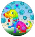 Stained glass illustration with abstract cute rainbow dog on a sky background,oval image