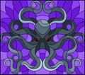 Stained glass illustration with abstract dark octopus against a blue sea and bubbles