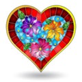 Stained glass illustration with  abstract heart, bright heart with flowers on white background Royalty Free Stock Photo