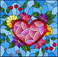 Stained glass illustration with abstract heart and flowers on blue background Royalty Free Stock Photo