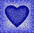 Stained glass illustration with abstract heart onon a cracked background, rectangular image,monochrome tone, blue