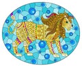 Illustration in the style of stained glass with abstract lion, animal on blue background,oval image