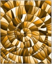 Stained glass illustration with abstract mosaic image, tiles arranged in a spiral, brown tone ,sepia