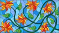 Stained glass illustration with abstract orange flowers on a blue background,horizontal orientation Royalty Free Stock Photo