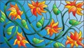 Stained glass illustration with abstract orange flowers on a blue background,horizontal orientation Royalty Free Stock Photo