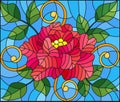 Stained glass illustration with abstract pink flower, buds and leaves of rose on a blue background Royalty Free Stock Photo