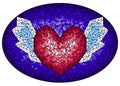 Stained glass illustration with  an abstract pink heart with wings on a blue background, oval image Royalty Free Stock Photo