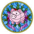 Stained glass illustration with abstract pink piggy Bank and Holly branches on blue background, round image Royalty Free Stock Photo