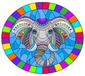 Stained glass illustration with  abstract rainbow elephant head on a blue background ,oval image in bright frame Royalty Free Stock Photo