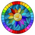 Stained glass illustration with abstract rainbow flower on blue background in bright frame, round image Royalty Free Stock Photo