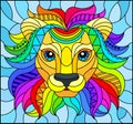 Stained glass illustration with abstract rainbow lion head on a blue background rectangular image Royalty Free Stock Photo