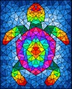 Stained glass Illustration with an abstract rainbow mosaic turtle on a blue background, rectangular image