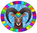 Stained glass illustration with abstract  ram head on a blue background oval image in bright frame Royalty Free Stock Photo