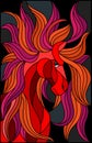 Stained glass illustration with abstract red face of his horse with developing mane on dark background