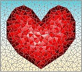 Stained glass illustration with an abstract red heart on a blue background, rectangular image Royalty Free Stock Photo