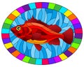 Stained glass illustration with abstract red sea bass on blue background, oval image in bright frame