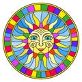 Stained glass illustration with abstract sun in bright frame,round image Royalty Free Stock Photo