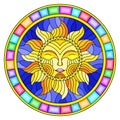 Stained glass illustration with abstract sun in bright frame,round image Royalty Free Stock Photo