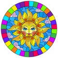 Stained glass illustration with abstract sun in bright frame,round image Royalty Free Stock Photo