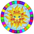 Stained glass illustration with abstract sun in bright frame,round image Royalty Free Stock Photo