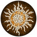 Stained glass illustration with abstract sun,brown tone,sepia, round image