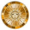Stained glass illustration with abstract sun in frame,round image,brown tone