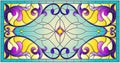 Stained glass illustration with abstract swirls,flowers and leaves on a light background,horizontal orientation