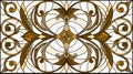 Stained glass illustration with abstract swirls and leaves on a light background,horizontal orientation, sepia