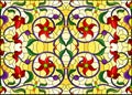 Stained glass illustration with abstract swirls,red flowers and leaves on a yellow background,horizontal orientation