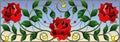 Stained glass illustration with abstracy red roses, curls and leaves on a sky background Royalty Free Stock Photo