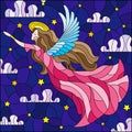 Stained glass illustration with angel girl in a pink dress on the background of a starry night sky