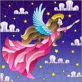 Stained glass illustration with angel girl in a pink dress on the background of a starry night sky