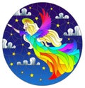 Stained glass illustration with an angel girl in a rainbow dress on the background of a starry night sky