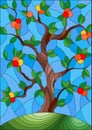 Stained glass illustration with an apple tree standing alone on a hill against the sky Royalty Free Stock Photo