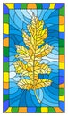 Stained glass illustration with a autumn leaf on a blue background,in a bright frame Royalty Free Stock Photo