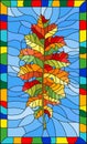 Stained glass illustration with a autumn leaf on a blue background,in a bright frame Royalty Free Stock Photo