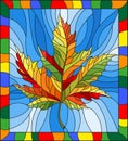 Stained glass illustration with a autumn maple leaf on a blue background,in a bright frame Royalty Free Stock Photo