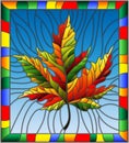 Stained glass illustration with a autumn maple leaf on a blue background,in a bright frame Royalty Free Stock Photo