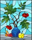 Stained glass illustration with autumn still life, branches of mountain ash and maple in blue vase and fruit on a blue backgroun