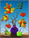 Stained glass illustration with autumn still life, branches of mountain ash and maple in purple vase and fruit on a blue backgrou