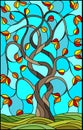 Stained glass illustration with autumn willow tree on sky background Royalty Free Stock Photo