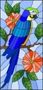 Stained glass illustration with a beautiful blue parakeet sitting on a branch of a blossoming tree on a background of leaves and