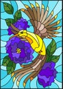 Stained glass illustration with a beautiful bright bird and the branch of the flowering plant on a sky background Royalty Free Stock Photo